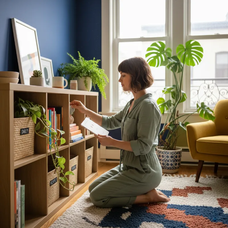 Woman organizing small home office desk in a calm, plant-filled apartment. Image captures a simple, consistent organization routine for mental relief and functional space.
