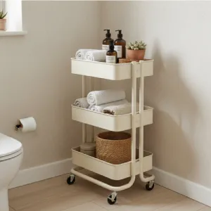 Slim rolling utility cart with three tiers used for bathroom storage, holding neatly rolled towels, bath products, and a small potted plant in a cozy corner.
