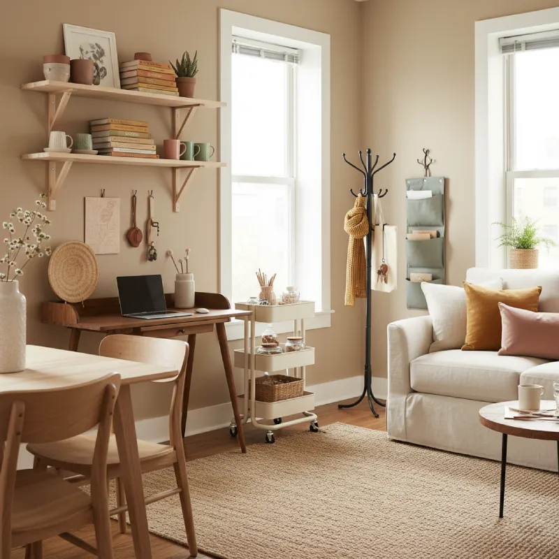 Small apartment living room storage solutions with cozy bohemian style. Floating shelves, utility cart, and coat rack for maximizing vertical and floor space.