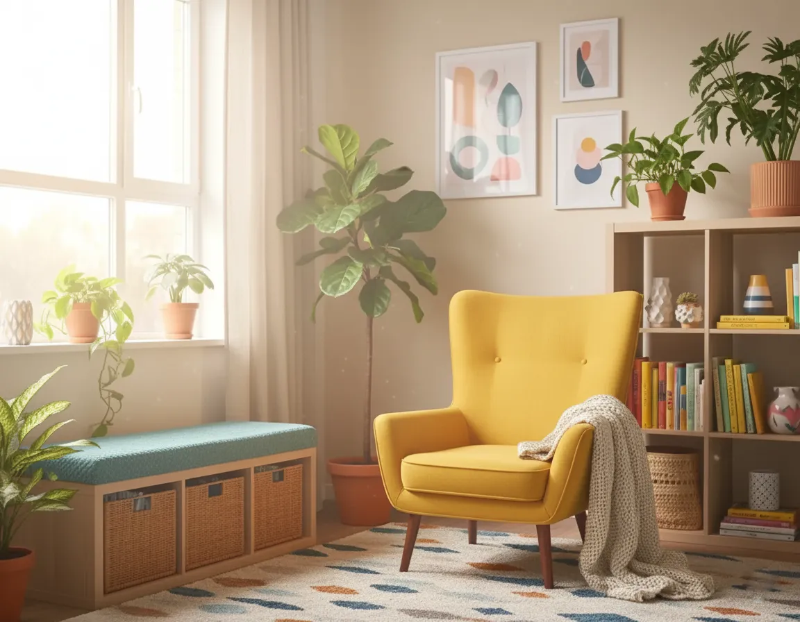 Storage Ideas for Small Apartments: Organized living room corner with light wood shelves, indoor plants, and a window storage bench, promoting home wellbeing.