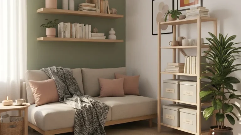 Functional and cozy storage solutions for small apartment living rooms with neutral decor.