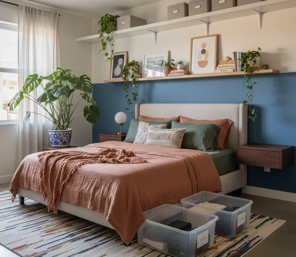 Organized small bedroom with space-saving solutions: floating nightstands, under-bed storage bins, and decorative shelves above bed, featuring a large Monstera plant After.