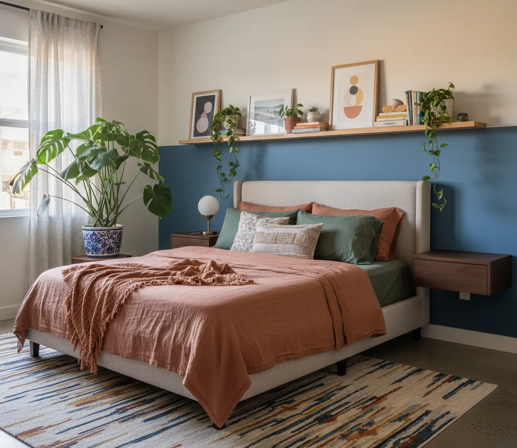 Organized small bedroom with space-saving solutions: floating nightstands, under-bed storage bins, and decorative shelves above bed, featuring a large Monstera plant Before.