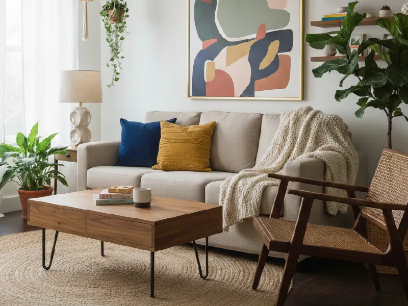 Smart blending of affordable furniture with a high-end designer lamp and stylish textures for a soulful home look.