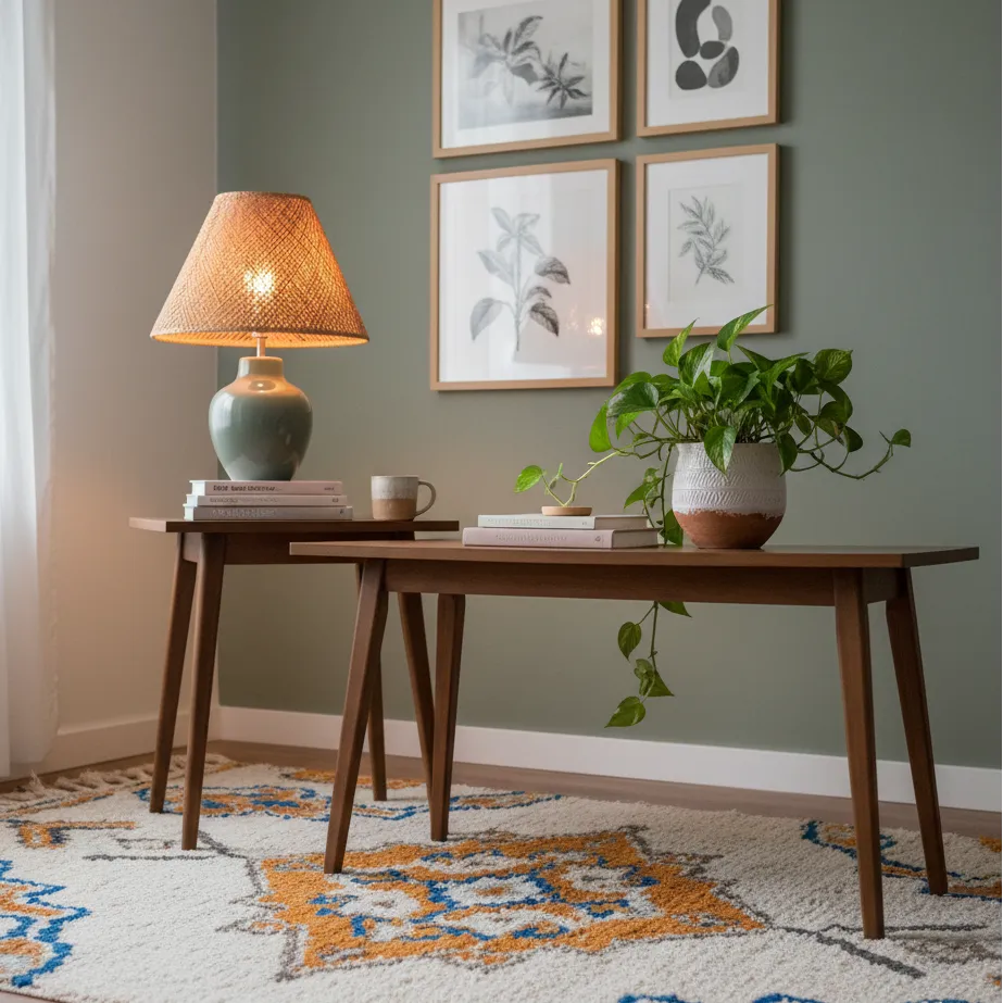 Stylish side table with rattan lamp, plant, and books on a green wall. Exemplifies smart decor and good quality affordable furniture.