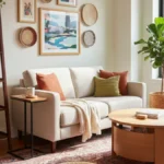 Cozy and functional living room showcasing smart furniture for small spaces, featuring a ladder bookshelf, round coffee table with storage, and compact sofa, all designed for an inviting InnerGlow home.