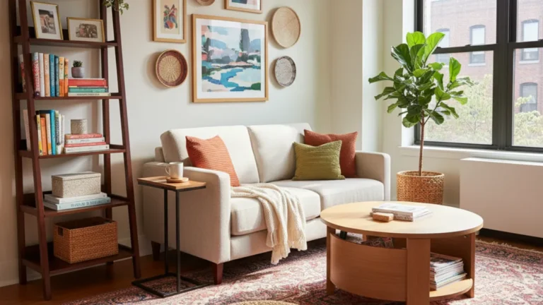 Cozy and functional living room showcasing smart furniture for small spaces, featuring a ladder bookshelf, round coffee table with storage, and compact sofa, all designed for an inviting InnerGlow home.