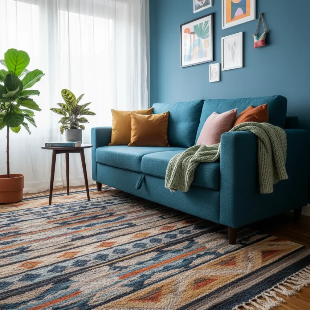 Modern teal sofa bed with hidden storage in a cozy small apartment, featuring colorful pillows, a textured throw, indoor plants, and a vibrant patterned rug.