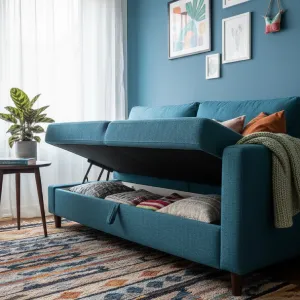 Modern teal open sofa bed with hidden storage in a cozy small apartment, featuring colorful pillows, a textured throw, indoor plants, and a vibrant patterned rug.