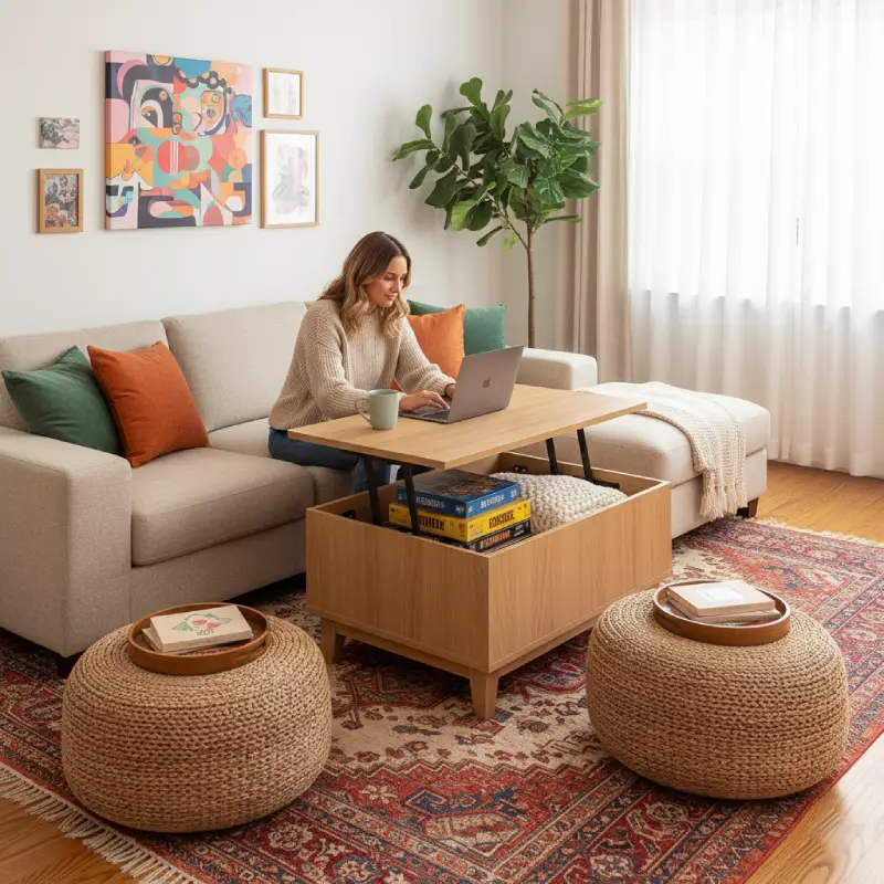 A versatile small living room showcasing a woman working at a lift-top coffee table with storage, surrounded by adaptable space saving furniture living room pieces.