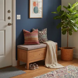 Storage bench with hidden compartment in a bright entryway, decorated with cozy cushions, a knit throw blanket, and a decorative wicker basket.