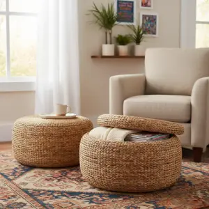 Charming woven storage ottoman with lid, doubling as extra seating and a footrest, perfect space saving furniture for cozy living rooms.