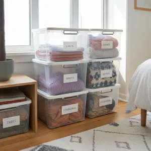transparent labeled storage bins clothes