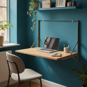 Wall-mounted folding drop desk open for a functional home office setup, with a laptop, stationery, and a small plant on a colorful accent wall.