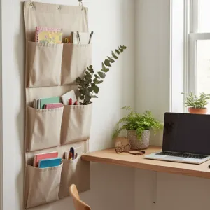 Fabric wall pocket organizer hanging by a light wood home office desk, used for small office supplies, stationery, and glasses in a well-lit space.